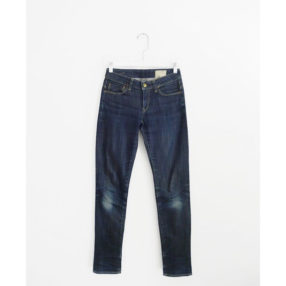 Orslow Raw Dark Blue Stretch Denim Low Rise Straight Skinny Leg Jeans XS 25 0